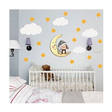 Tilki Dünyası TILKI-74821 Uyuyan Maymun Yıldız Bulut Set Bebek Çocuk Odası Duvar Sticker