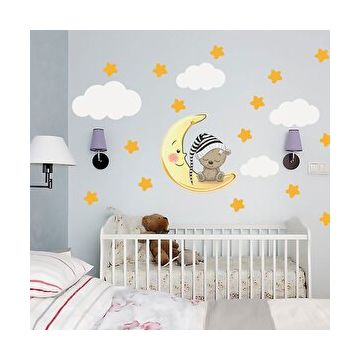 Tilki Dünyası TILKI-74982 Uyuyan Ayıcık Yıldızlar ve Bulutlar Dekoratif Bebek Çocuk Odası Duvar Sticker