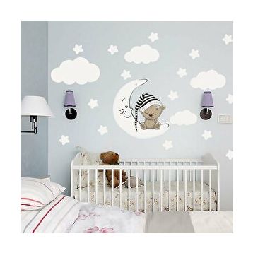 Tilki Dünyası TILKI-74983 Uyuyan Ayıcık Beyaz Yıldızlar ve Bulutlar Dekoratif Bebek Çocuk Odası Duvar Sticker