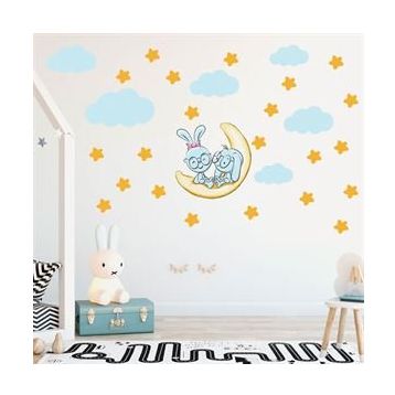 Tilki Dünyası TILKI-75137 Sevimli Tavşanlar Sarı Yıldızlar ve Mavi Bulutlar Dekoratif Bebek Çocuk Odası Duvar Sticker