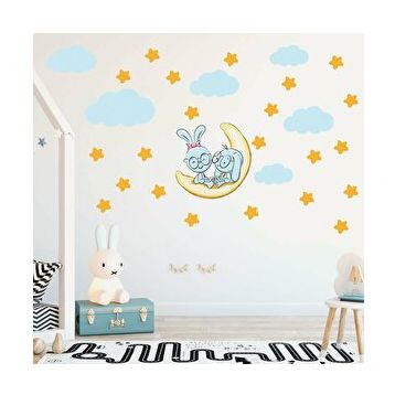 Tilki Dünyası TILKI-75137 Sevimli Tavşanlar Sarı Yıldızlar ve Mavi Bulutlar Dekoratif Bebek Çocuk Odası Duvar Sticker