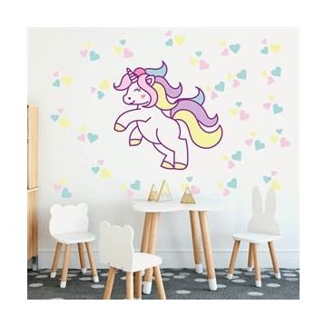 Tilki Dünyası TILKI-75139 Unicorn ve Renkli Kalpler Bebek ve Çocuk Odası Duvar Sticker