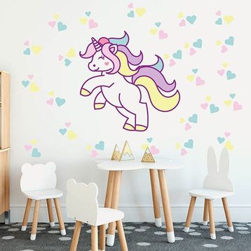 Tilki Dünyası TILKI-75139 Unicorn ve Renkli Kalpler Bebek ve Çocuk Odası Duvar Sticker