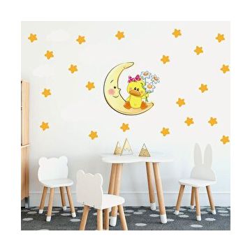 Tilki Dünyası TILKI-75812 Sevimli Ördek Sarı Yıldızlar ve Beyaz Bulutlar Dekoratif Bebek Çocuk Odası Duvar Sticker