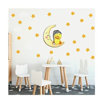 Tilki Dünyası TILKI-75813 Uyuyan Sevimli Ördek Turuncu Yıldızlar Beyaz Bulutlar Dekoratif Bebek Çocuk Odası Duvar Sticker