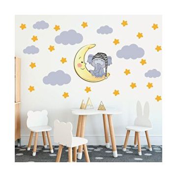 Tilki Dünyası TILKI-75842 Uyuyan Fil Yıldızlar ve Bulutlar Dekoratif Bebek Çocuk Odası Duvar Sticker