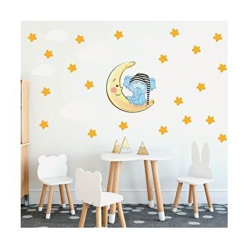 Tilki Dünyası TILKI-75976 Uyuyan Fil Yıldızlar ve Beyaz Bulutlar Dekoratif Bebek Çocuk Odası Duvar Sticker