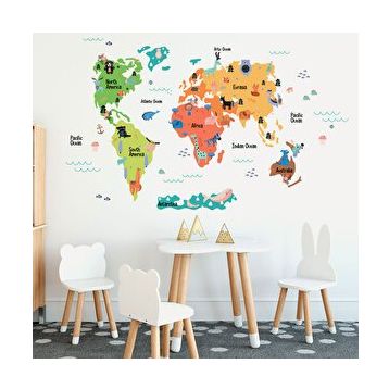 Tilki Dünyası TILKI-75984 Eğitici Renkli Dünya Atlası Haritası Çocuk ve Bebek Odası Duvar Sticker