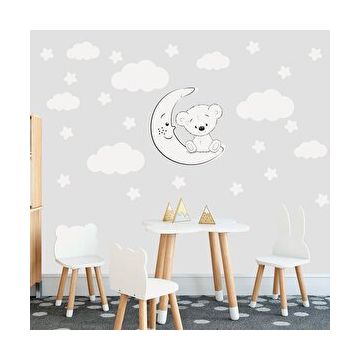 Tilki Dünyası TILKI-75993 Sevimli Beyaz Ayıcık Beyaz Yıldızlar ve Bulutlar Dekoratif Bebek Çocuk Odası Duvar Sticker