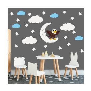 Tilki Dünyası TILKI-76282 Sevimli Kartal Beyaz Yıldızlar ve Mavi Bulutlar Dekoratif Bebek Çocuk Odası Duvar Sticker