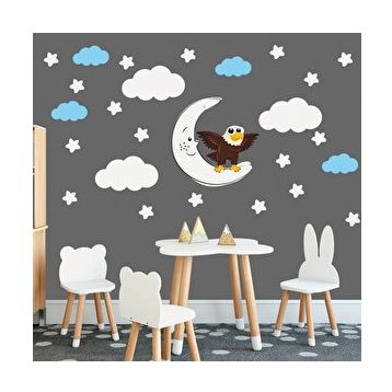 Tilki Dünyası TILKI-76282 Sevimli Kartal Beyaz Yıldızlar ve Mavi Bulutlar Dekoratif Bebek Çocuk Odası Duvar Sticker