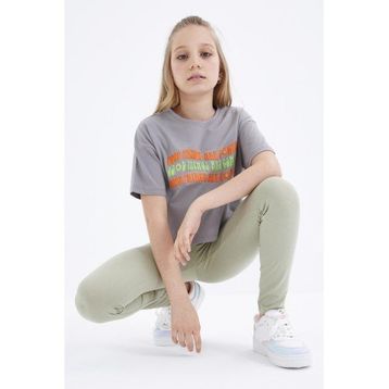Tommy Life 75038 Oversize Renkli Yazı Baskılı Düşük Omuz O Yaka Gri Kız Çocuk Crop T-Shirt