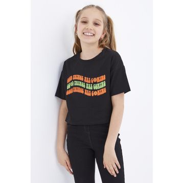 Tommy Life 75038 Oversize Renkli Yazı Baskılı Düşük Omuz O Yaka Siyah Kız Çocuk Crop T-Shirt