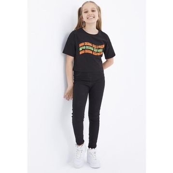 Tommy Life 75038 Oversize Renkli Yazı Baskılı Düşük Omuz O Yaka Siyah Kız Çocuk Crop T-Shirt