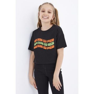 Tommy Life 75038 Oversize Renkli Yazı Baskılı Düşük Omuz O Yaka Siyah Kız Çocuk Crop T-Shirt