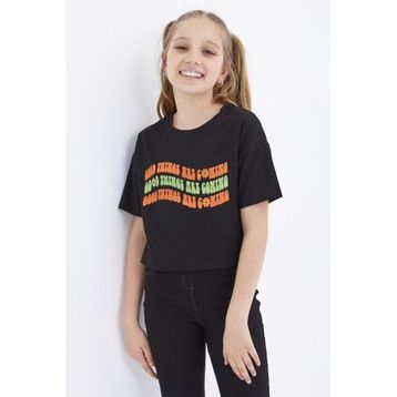 Tommy Life 75038 Oversize Renkli Yazı Baskılı Düşük Omuz O Yaka Siyah Kız Çocuk Crop T-Shirt