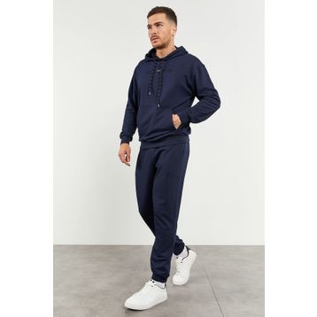 Tommy Life 85117 Kapüşonlu Kanguru Cep Oversize Lastik Paça İndigo Erkek Eşofman Takımı