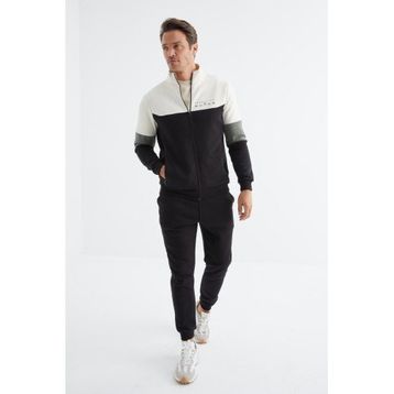Tommy Life 85186 Siyah Renk Bloklu Minimal Yazı Baskılı Fermuarlı Standart Kalıp Erkek Eşofman Takımı
