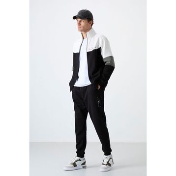 Tommy Life 85186 Siyah Renk Bloklu Minimal Yazı Baskılı Fermuarlı Standart Kalıp Erkek Eşofman Takımı