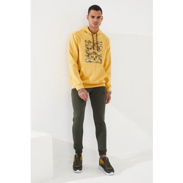 Tommy Life 87884 Hardal Kamuflaj Desen Baskılı Standart Kalıp Kapüşonlu Erkek Sweatshirt