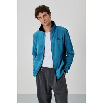 Tommy Life 87992 Zümrüt Erkek Yazı Nakışlı Dik Yaka Fermuarlı Standart Kalıp Sweatshirt Polar