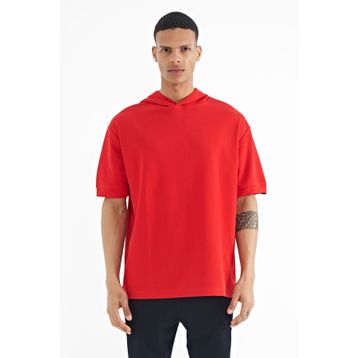 Tommy Life 88179 Kırmızı Kapüşonlu Kol Etiket Detaylı Oversize Erkek T-shirt