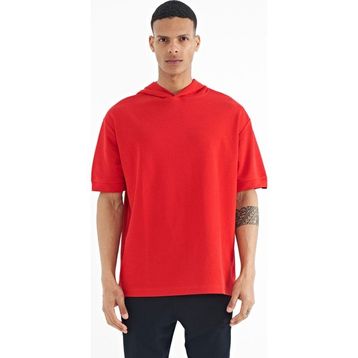 Tommy Life 88179 Kırmızı Kapüşonlu Kol Etiket Detaylı Oversize Erkek T-shirt