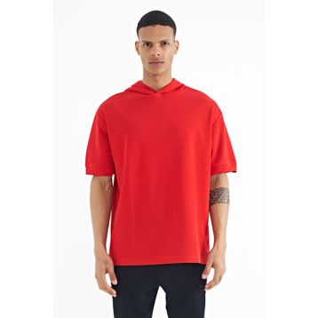 Tommy Life 88179 Kırmızı Kapüşonlu Kol Etiket Detaylı Oversize Erkek T-shirt