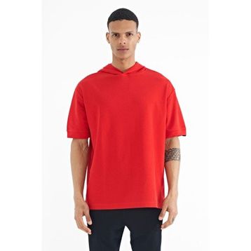 Tommy Life 88179 Kırmızı Kapüşonlu Kol Etiket Detaylı Oversize Erkek T-shirt