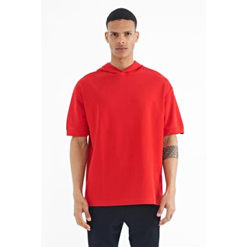 Tommy Life 88179 Kırmızı Kapüşonlu Kol Etiket Detaylı Oversize Erkek T-shirt