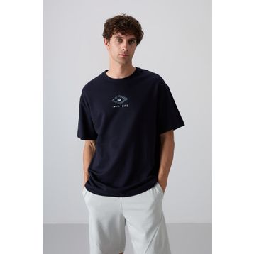 Tommy Life 88325 Lacivert Pamuklu Kalın Yumuşak Dokulu Oversize Fit Baskılı Erkek T-Shirt