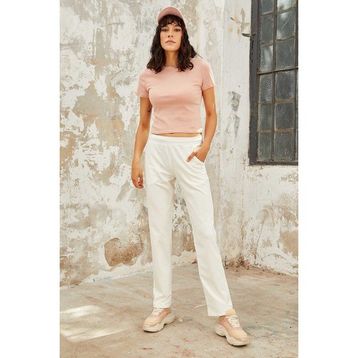 Tommy Life 94584 Ekru Kadın Yüksek Bel Cepli Standart Kalıp Klasik Paça Eşofman Alt