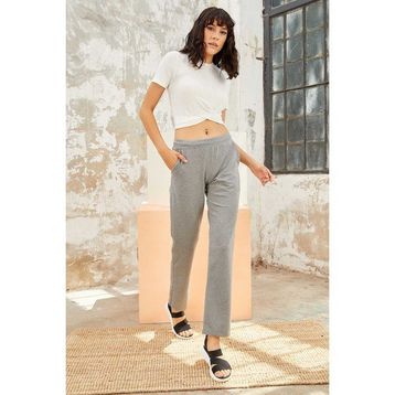Tommy Life 94584 Gri Melanj Kadın Yüksek Bel Cepli Standart Kalıp Klasik Paça Eşofman Alt
