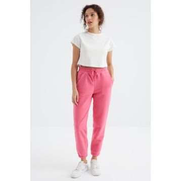 Tommy Life 94622 Şeker Pembe Yüksek Bel Basic Bağcıklı Jogger Polar Kadın Eşofman Altı