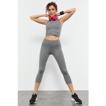 Tommy Life 95284 Gri Melanj Kadın Yüksek Bel Kapri-Crop Atlet Slim Fit Tayt Takım