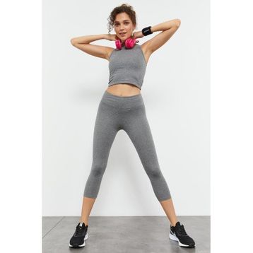 Tommy Life 95284 Gri Melanj Kadın Yüksek Bel Kapri-Crop Atlet Slim Fit Tayt Takım