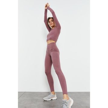 Tommy Life 95286 Gül Kurusu Kadın Yüksek Bel Uzun Kollu Slim Fit Crop Top Tayt Takım