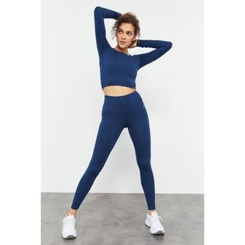 Tommy Life 95286 İndigo Yüksek Bel Uzun Kollu Slim Fit Crop Top Kadın Tayt Takım