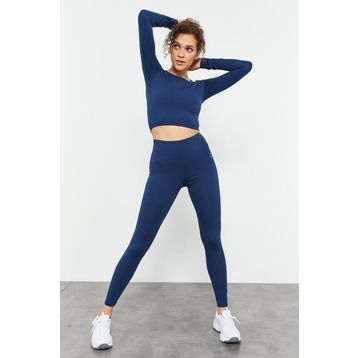 Tommy Life 95286 İndigo Yüksek Bel Uzun Kollu Slim Fit Crop Top Kadın Tayt Takım