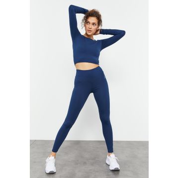 Tommy Life 95286 İndigo Yüksek Bel Uzun Kollu Slim Fit Crop Top Kadın Tayt Takım