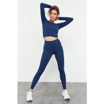 Tommy Life 95286 İndigo Yüksek Bel Uzun Kollu Slim Fit Crop Top Kadın Tayt Takım