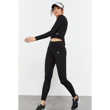 Tommy Life 95286 Siyah Kadın Yüksek Bel Uzun Kollu Slim Fit Crop Top Tayt Takım