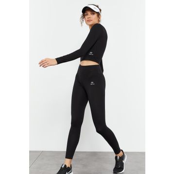 Tommy Life 95286 Siyah Kadın Yüksek Bel Uzun Kollu Slim Fit Crop Top Tayt Takım