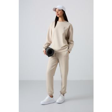 Tommy Life 95287 Bej O Yaka Oversize Lastik Paça Kadın Eşofman Takımı