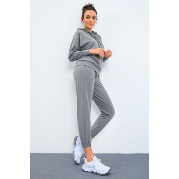 Tommy Life 95288 Gri Melanj Kapüşonlu Kanguru Cep Oversize Lastik Paça Kadın Eşofman Takımı