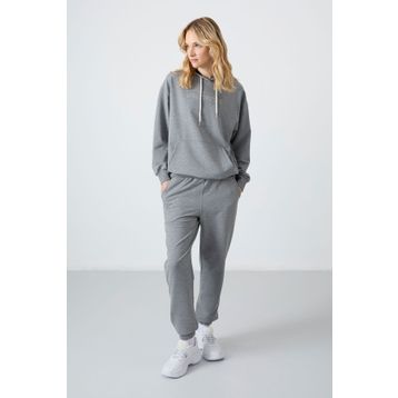 Tommy Life 95288 Gri Melanj Kapüşonlu Kanguru Cep Oversize Lastik Paça Kadın Eşofman Takımı