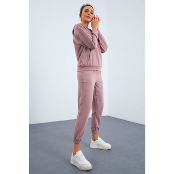 Tommy Life 95288 Gül Kurusu Kadın Kapüşonlu Kanguru Cep Oversize Lastik Paça Eşofman Takımı