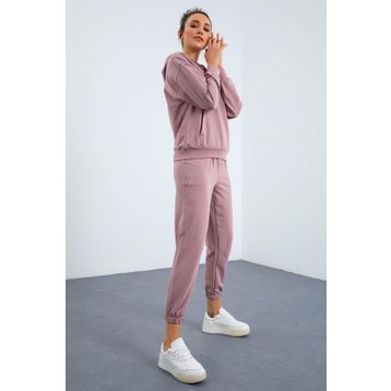 Tommy Life 95288 Gül Kurusu Kadın Kapüşonlu Kanguru Cep Oversize Lastik Paça Eşofman Takımı