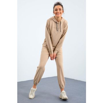 Tommy Life 95288 Kapüşonlu Kanguru Cep Oversize Lastik Paça Bej Kadın Eşofman Takımı