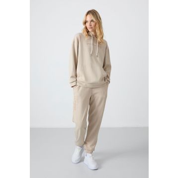 Tommy Life 95288 Kapüşonlu Kanguru Cep Oversize Lastik Paça Bej Kadın Eşofman Takımı